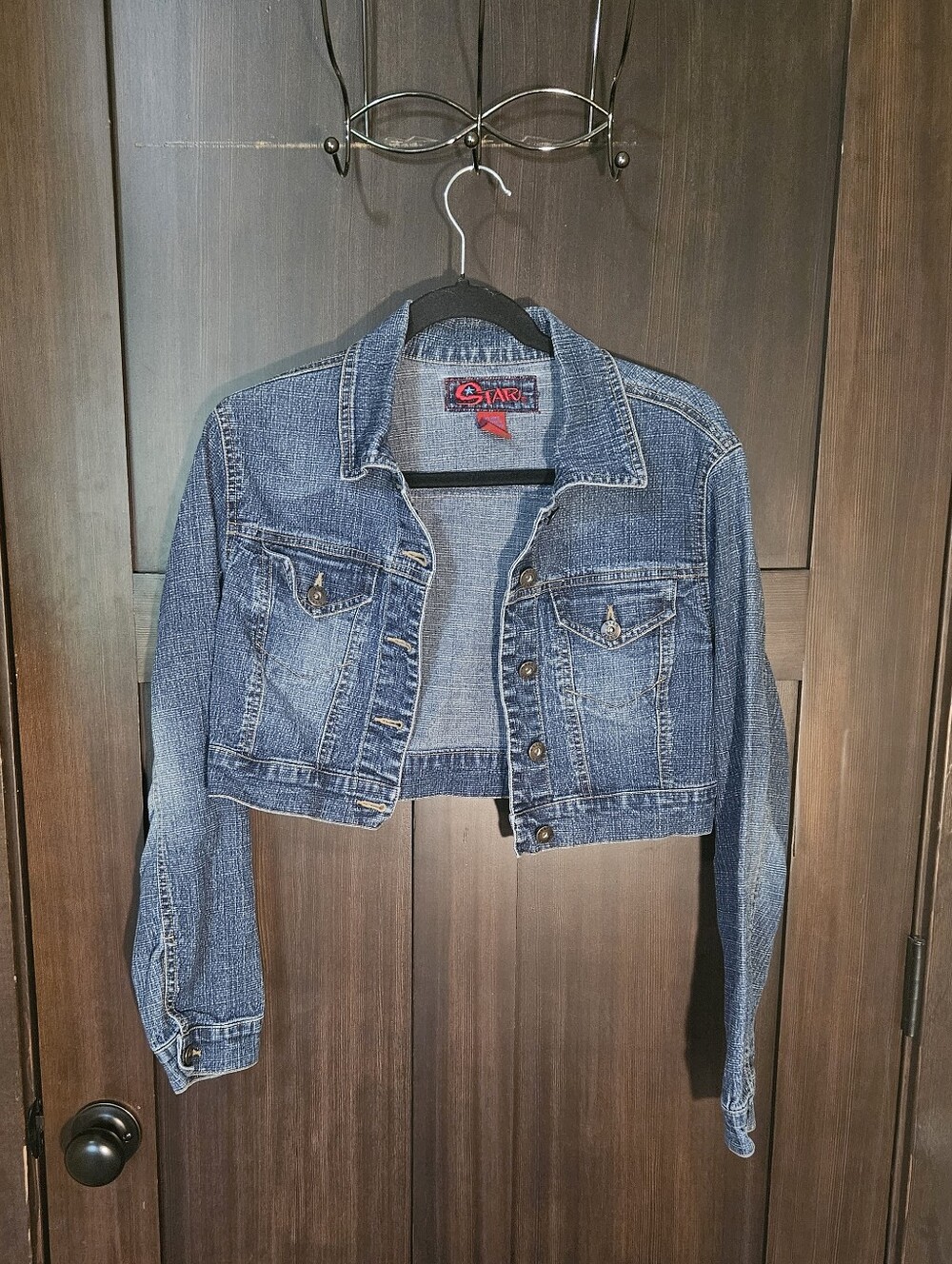 EUC Vintage Y2K Women's Star Denim Cropped Blue Stretch Jean Jacket Size Medium
